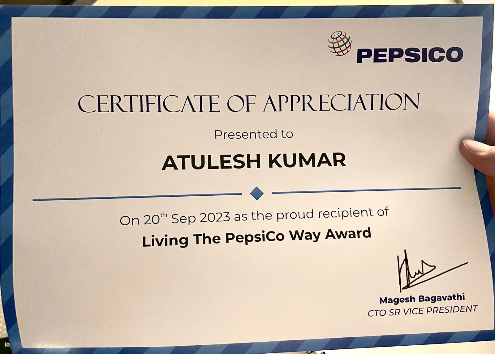 Living The PepsiCo Way certificate from PepsiCo’s CTO, recognising Atulesh for Acting as Owner, 2023