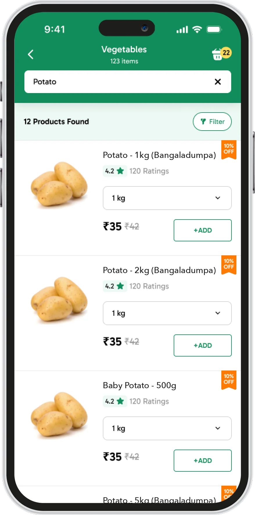 Search results for Potato in the vegetables category, with potato products and pack sizes