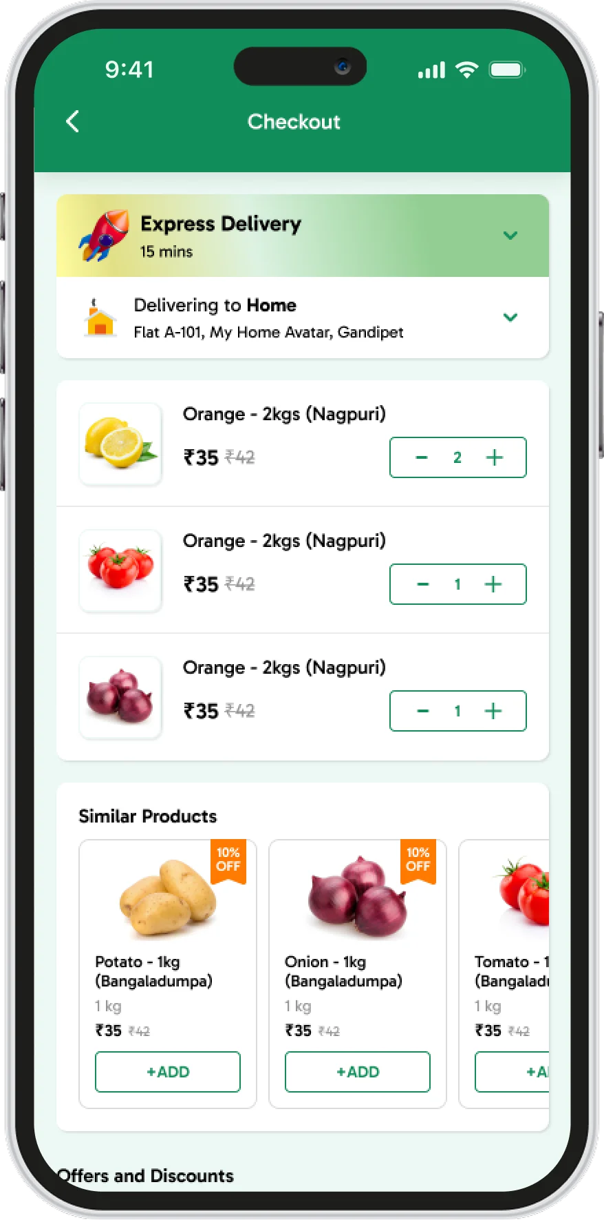 Single-screen checkout with express delivery in 15 minutes