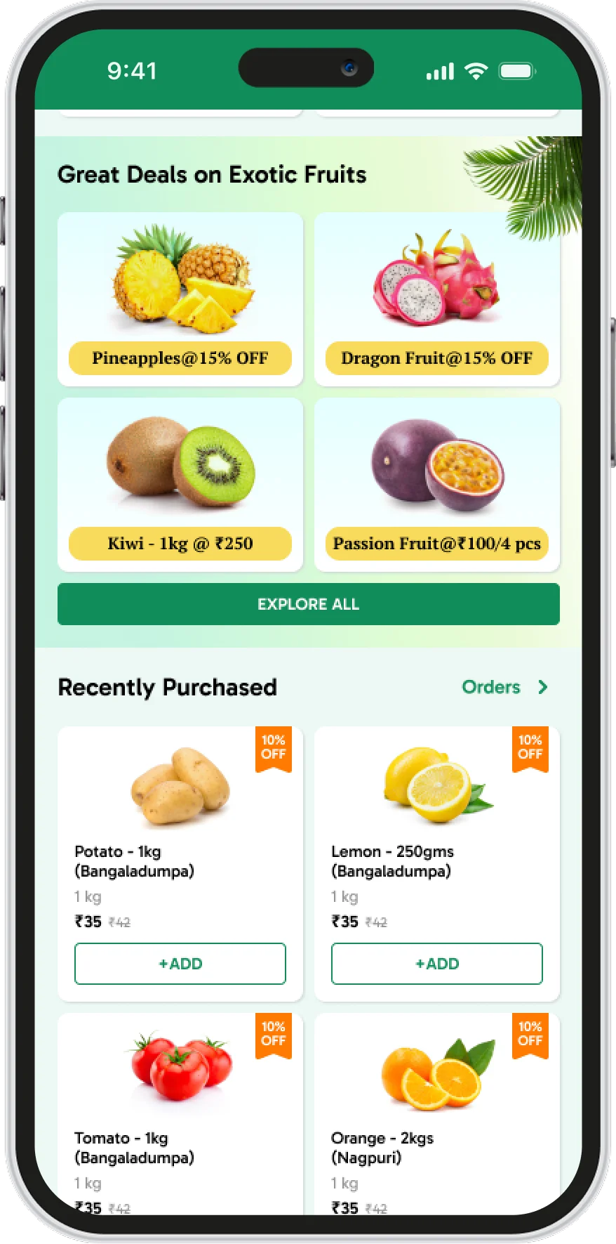 Great deals on exotic fruits and recently purchased items with quick add