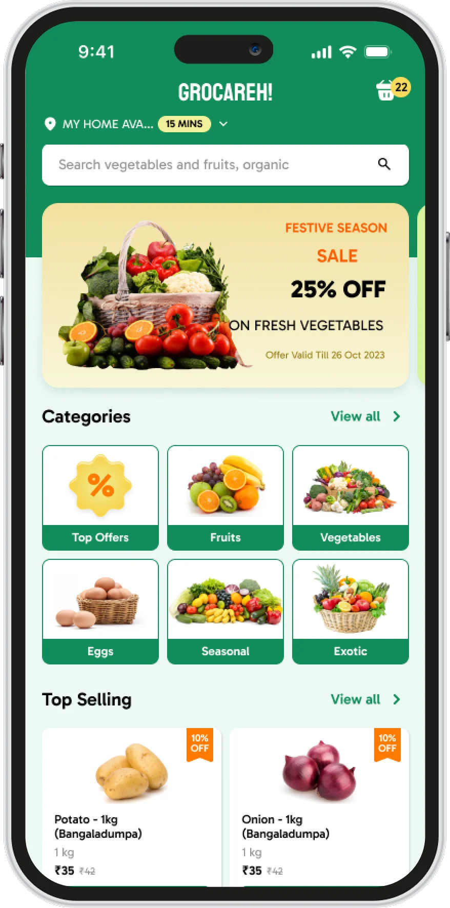 Grocareh! home screen with delivery time, a festive sale banner, categories and top sellers