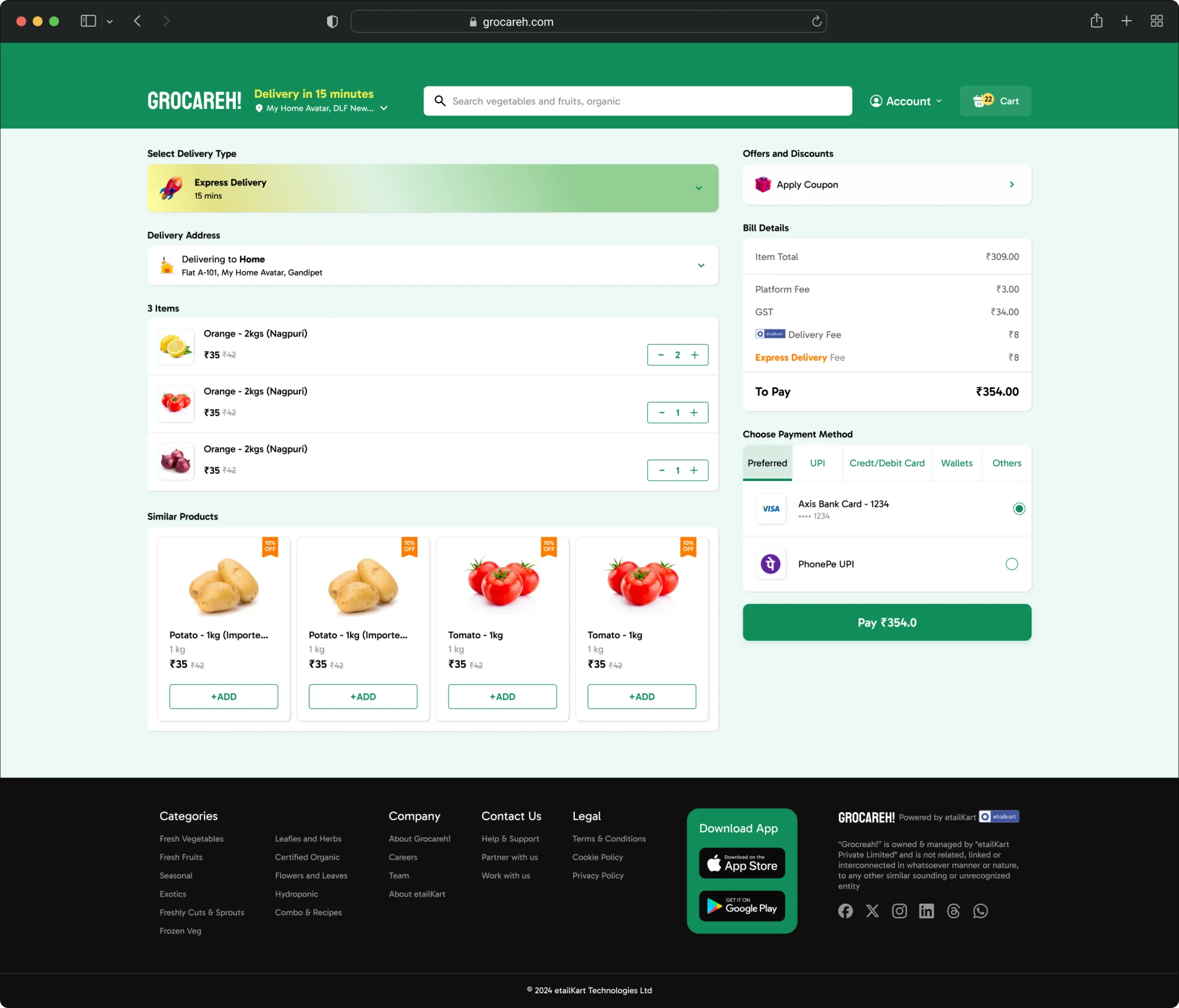 Grocareh! web checkout with delivery type, address, items, bill details and payment methods