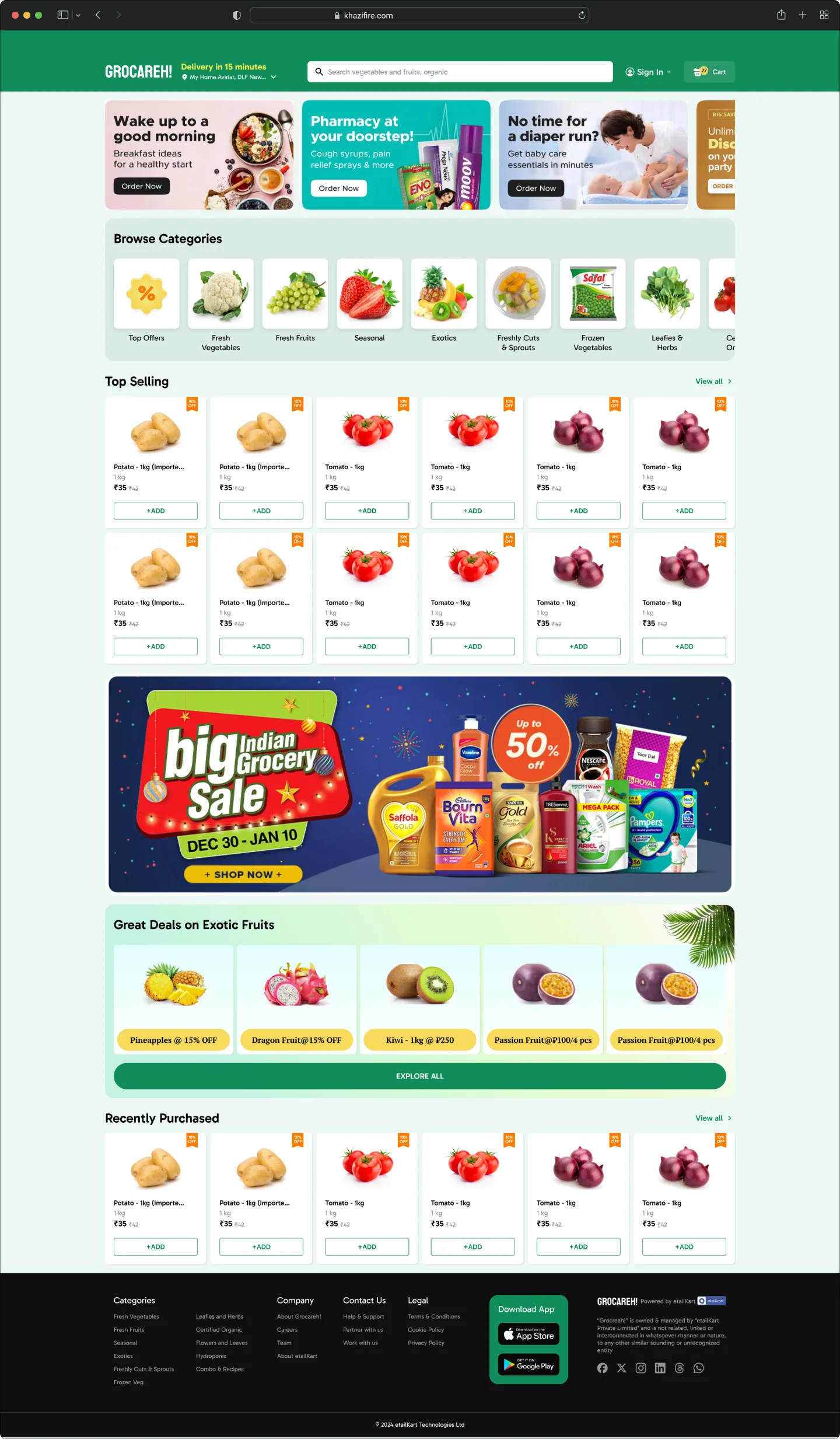 Grocareh! web store home page with banners, categories, top selling items and a grocery sale banner