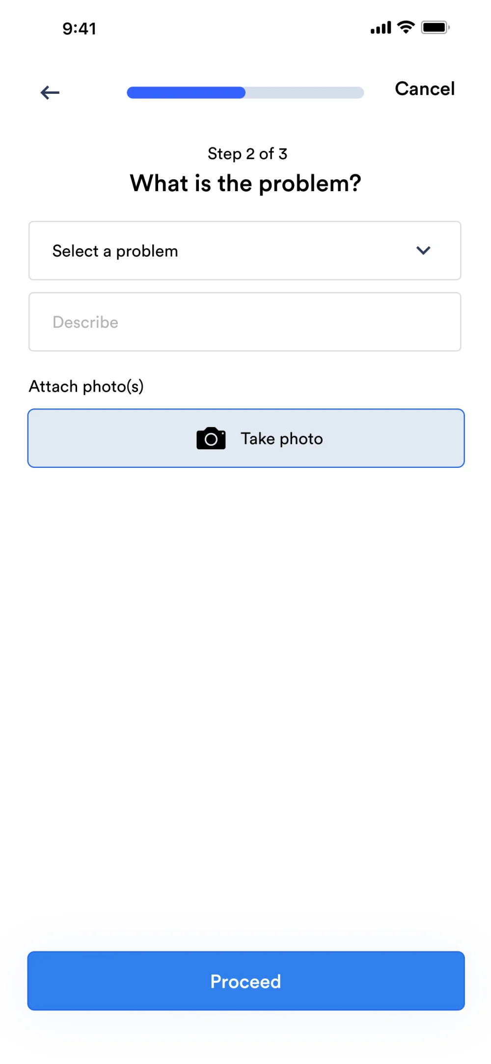 Step 2 of 3: choose the problem, describe it and attach a photo