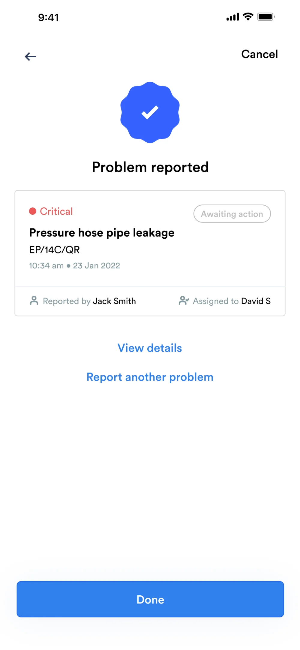 Problem reported confirmation with severity and assignee