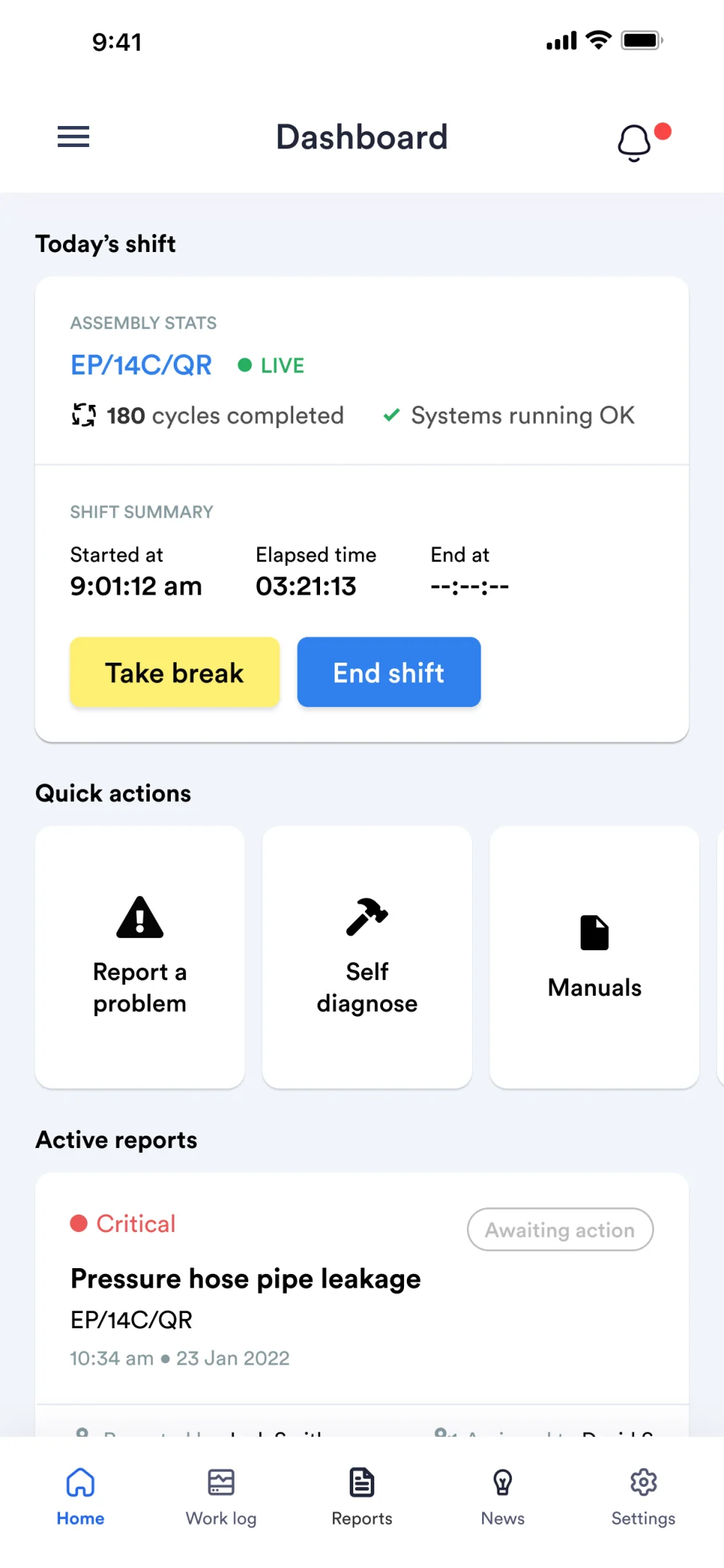 Technician dashboard with today’s shift, assembly line status and quick actions