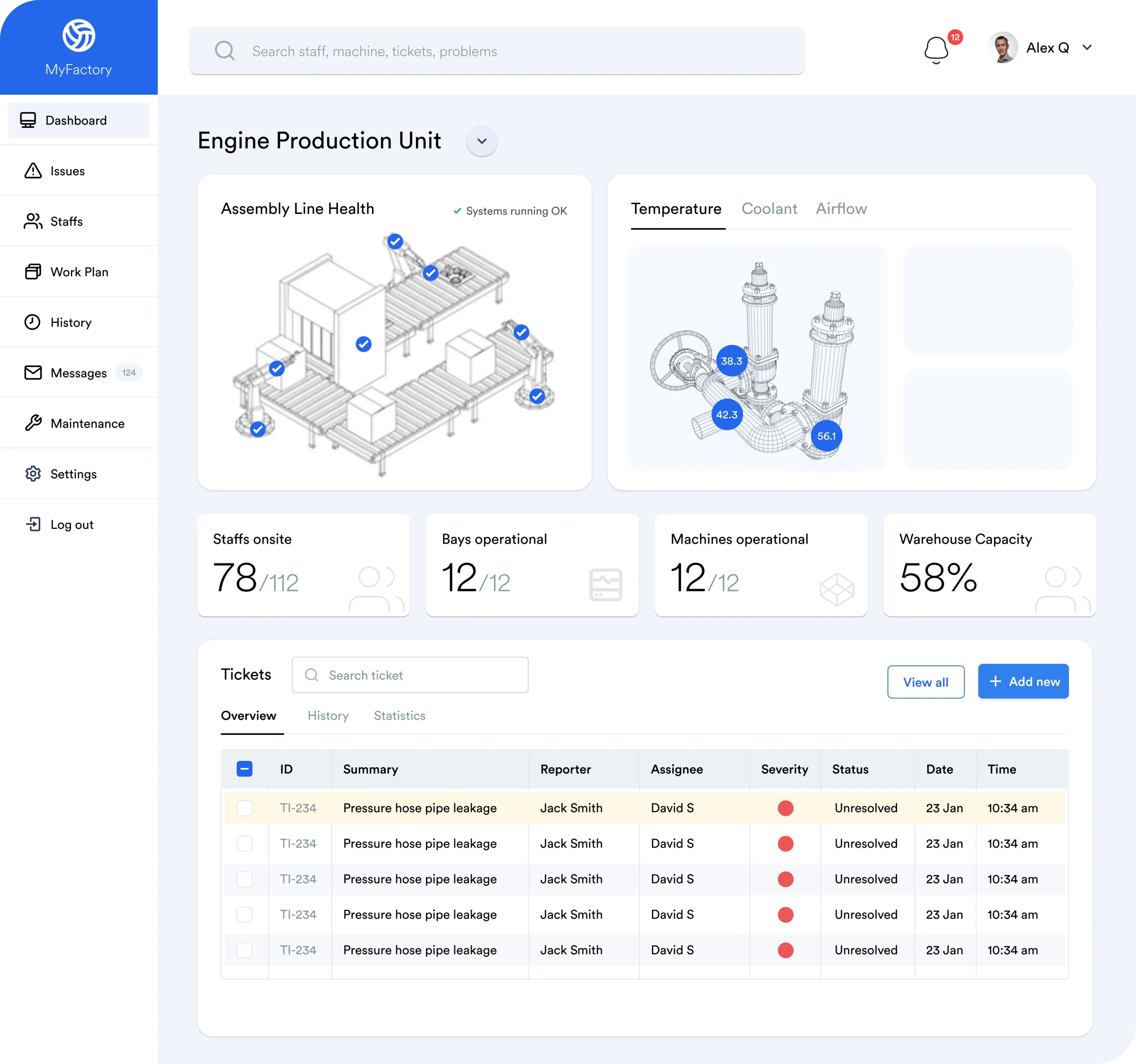 MyFactory supervisor web portal: engine production unit with assembly line health, staff on site, machines operational and a table of open tickets