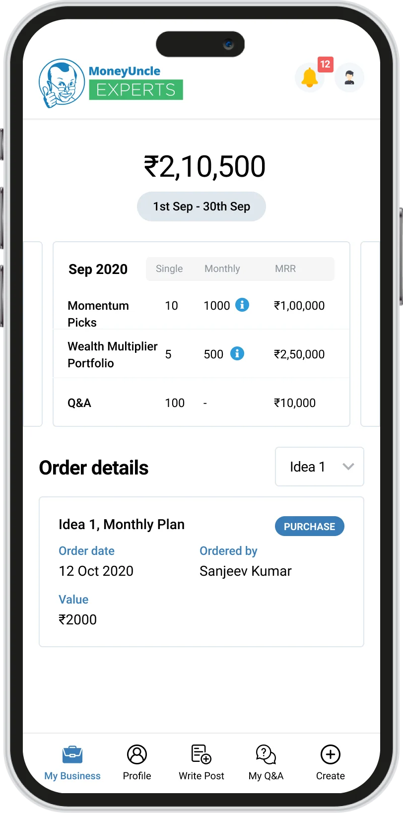 Expert app dashboard with monthly earnings, subscription plans and order details