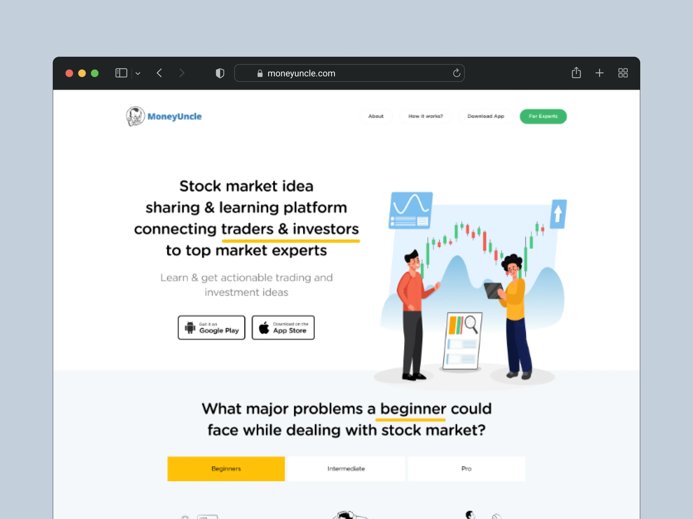 Money Uncle marketing website shown in a browser window: a stock market idea sharing and learning platform
