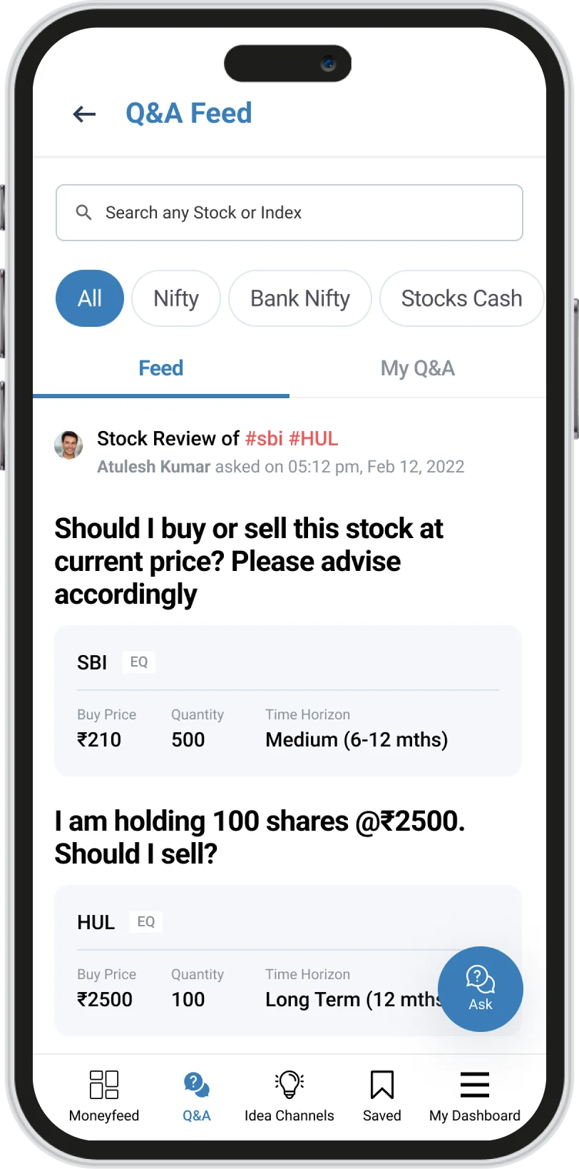 Investor app Q&A feed with stock questions filtered by Nifty, Bank Nifty and stocks