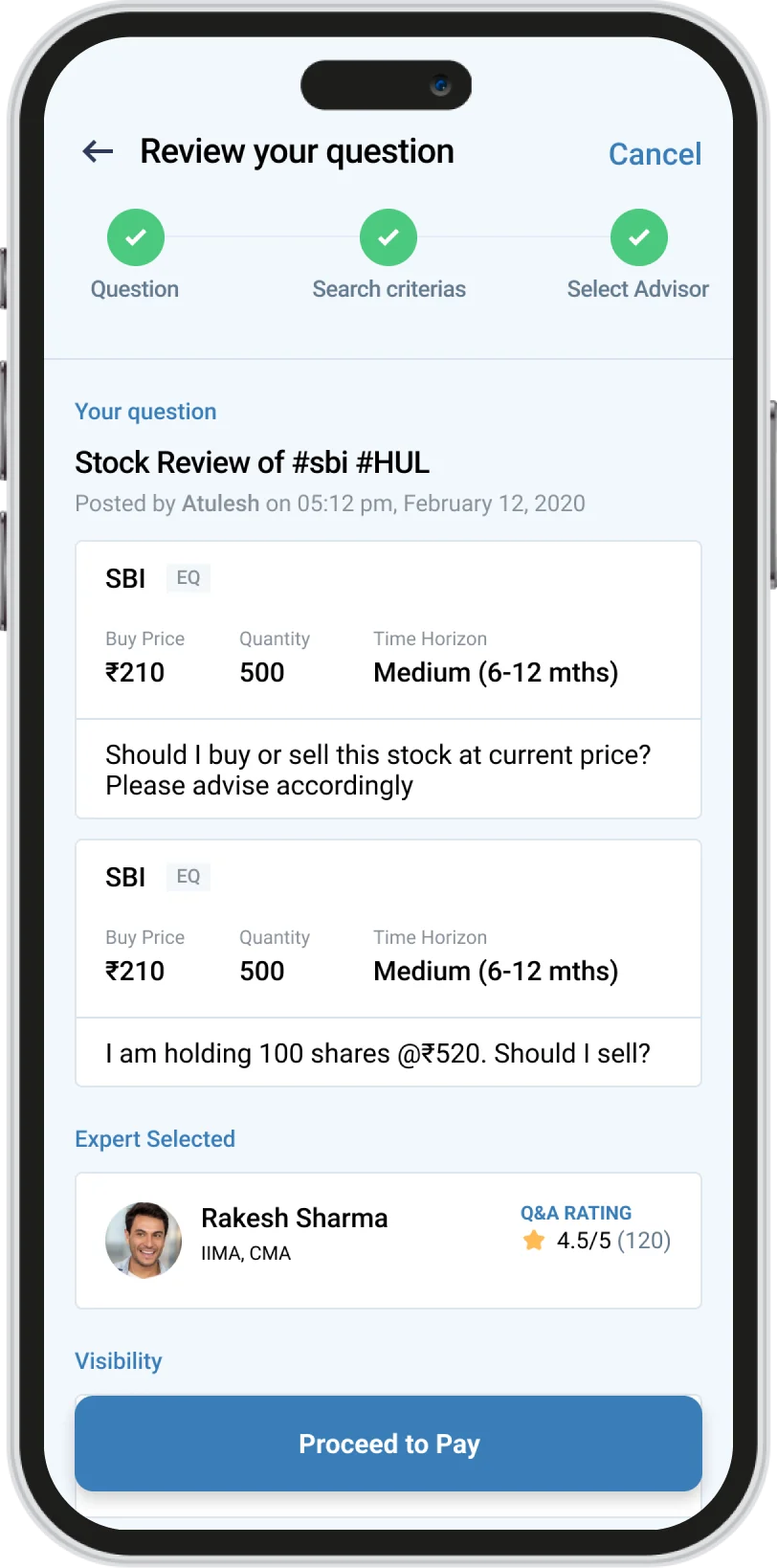 Review your question screen with the selected expert, their credentials and rating