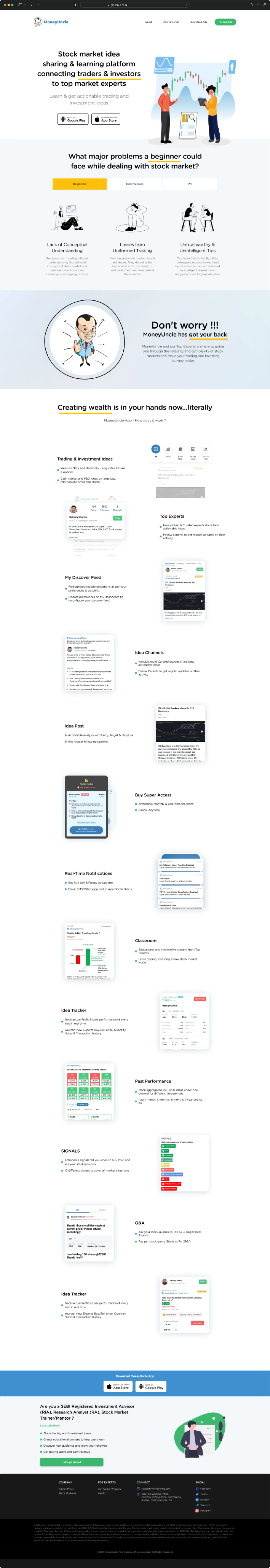 Full Money Uncle marketing website, from the hero through beginner, intermediate and pro sections to the footer