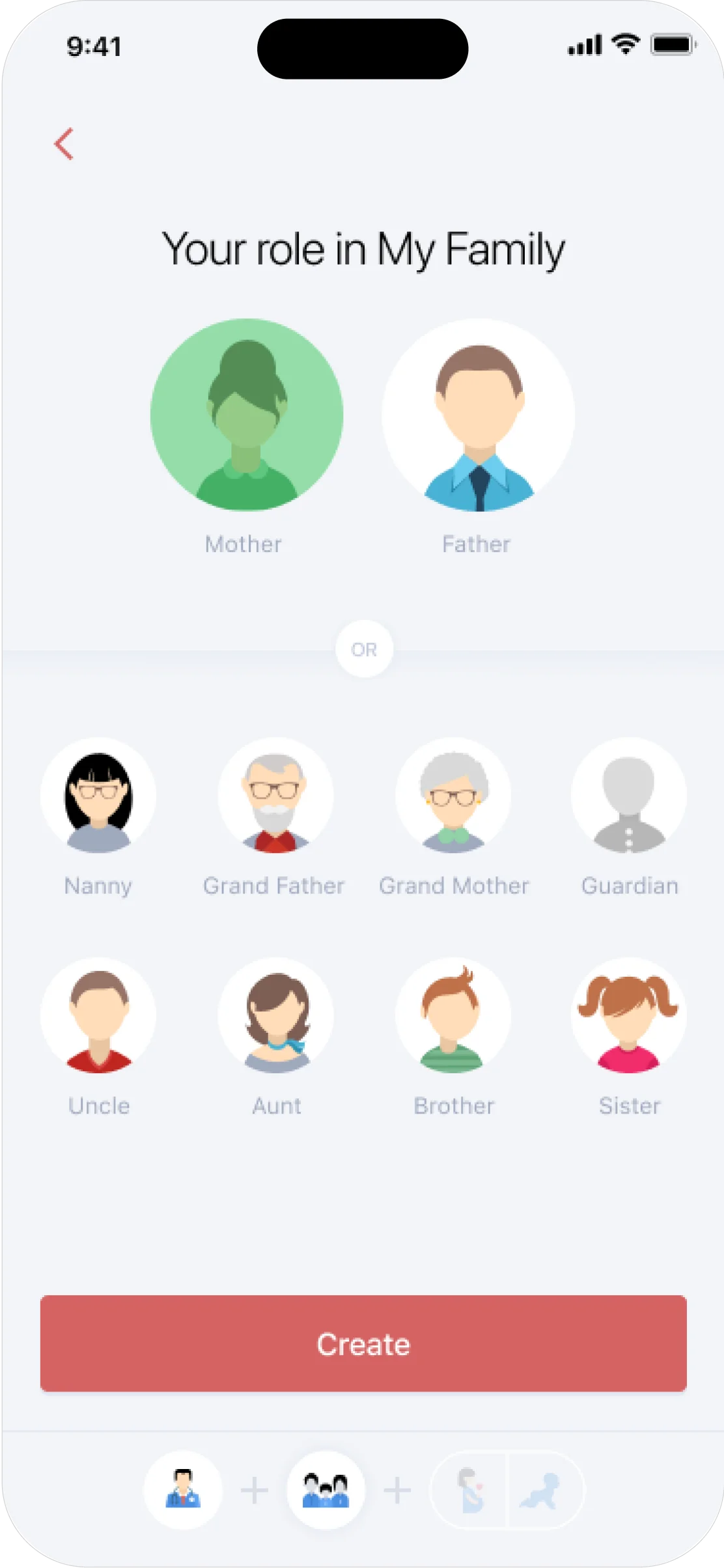 “Your role in My Family” screen with mother, father, grandparents and other carers