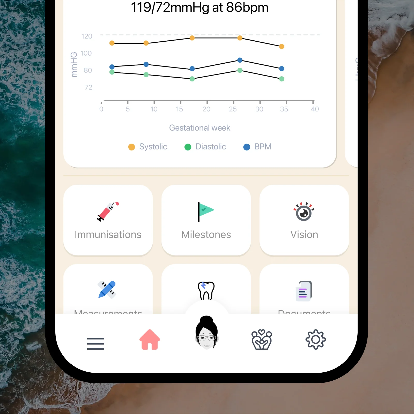 Phone showing the health card with a blood pressure chart and shortcuts to immunisations and milestones