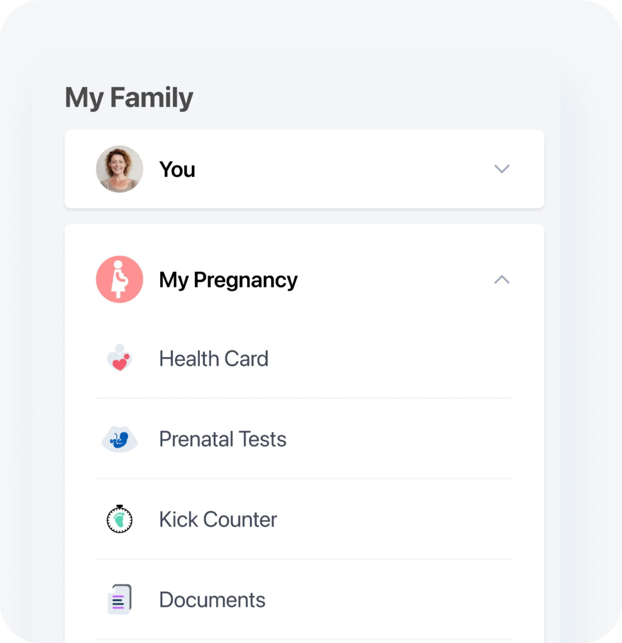 My Family screen listing the parent, their pregnancy, health card, prenatal tests, kick counter and documents