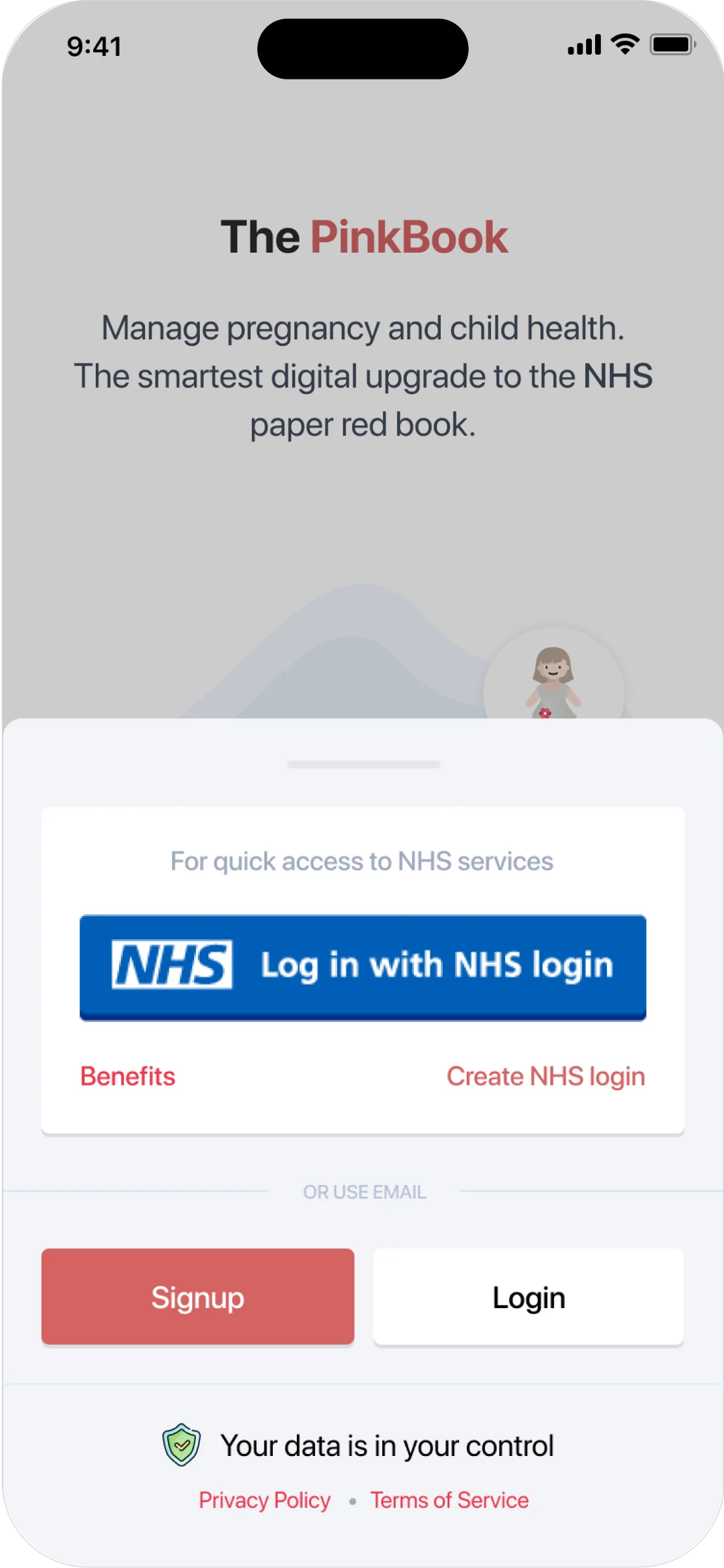 Nurturey welcome screen offering “Log in with NHS login” alongside sign-up and login