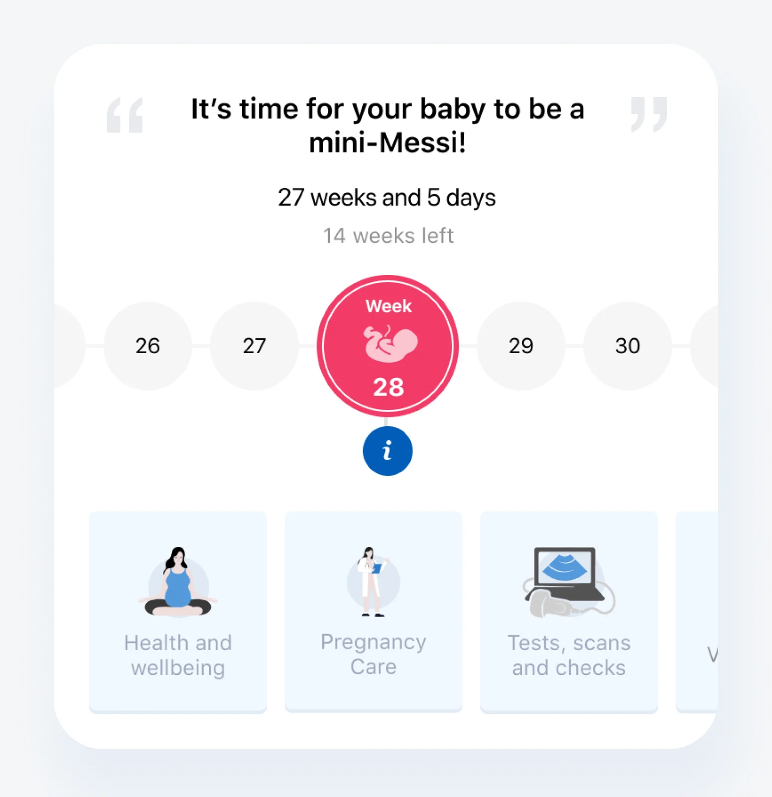 Week-by-week pregnancy view at 27 weeks and 5 days, with a personal message and quick links