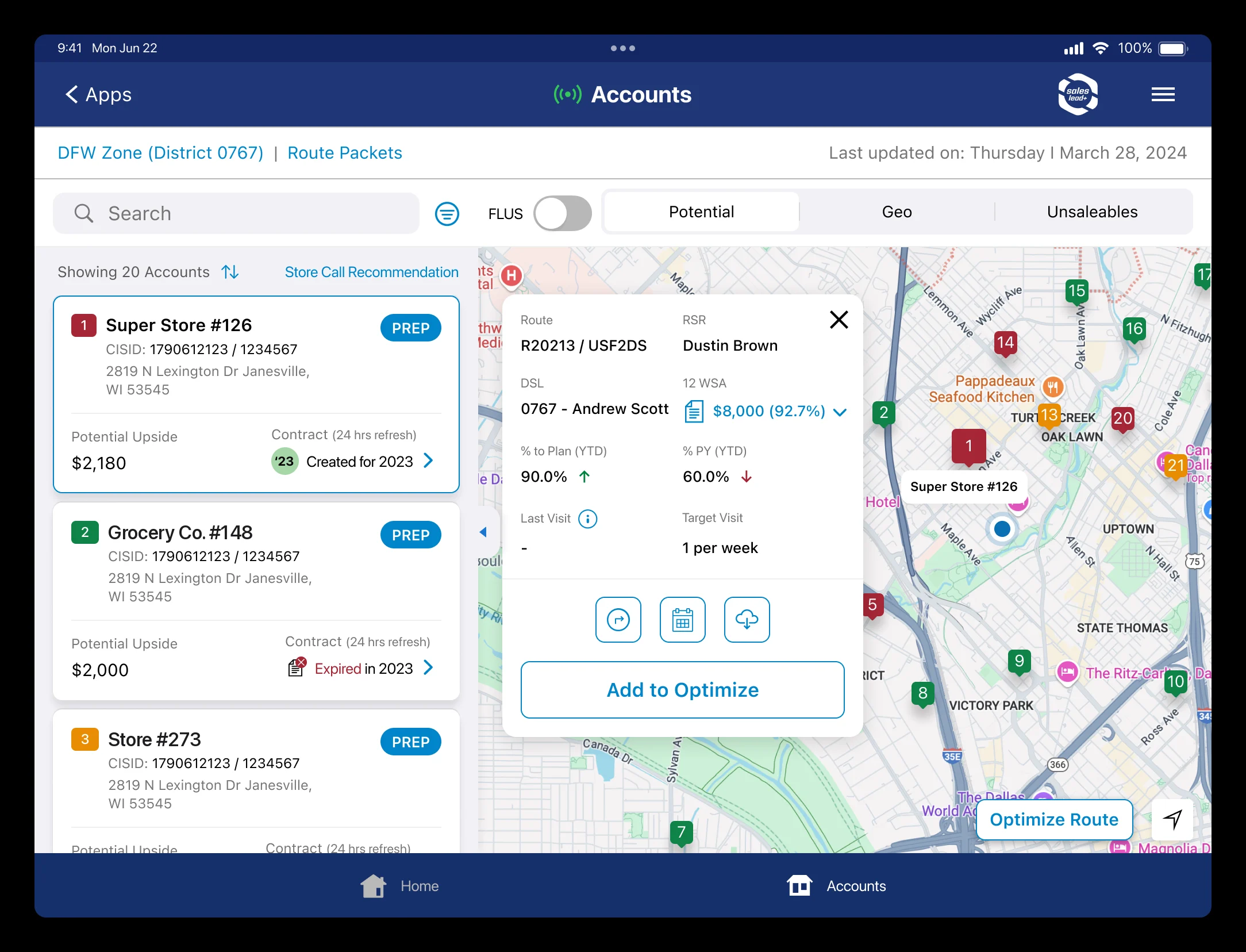 SalesPro+ accounts screen: a list of nearby stores beside a map with numbered pins and a route panel