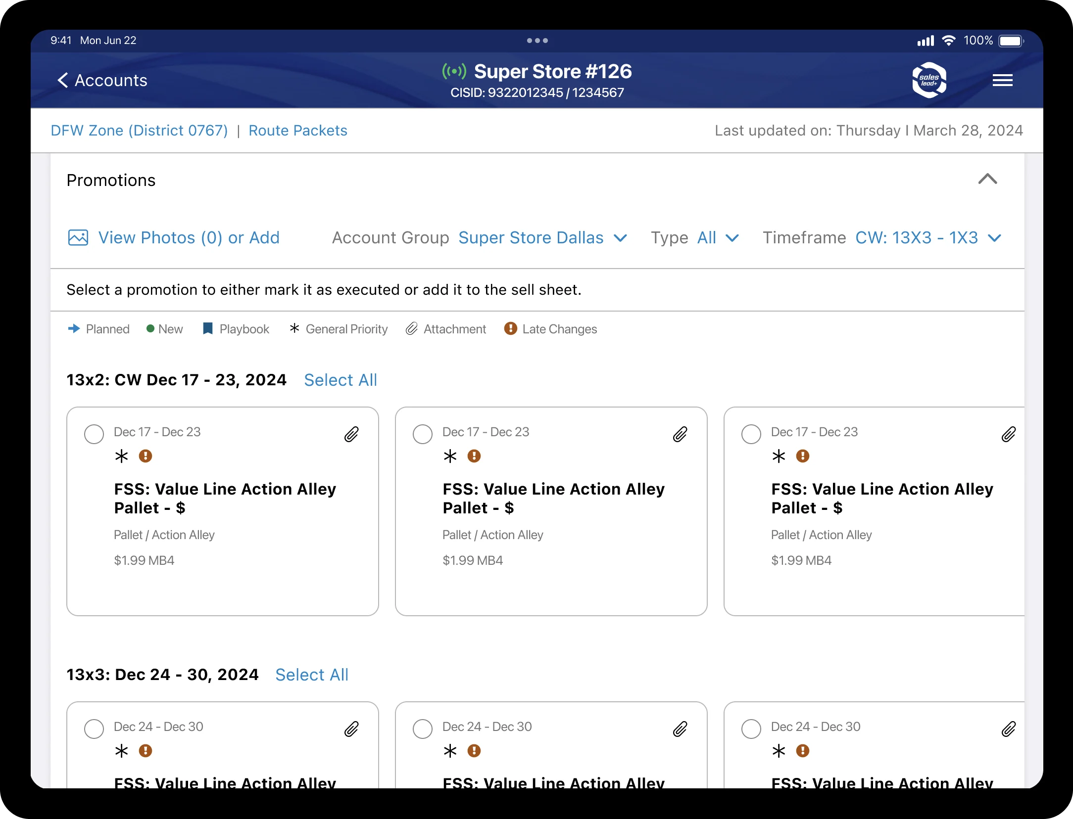 SalesPro+ promotions screen showing promotions planned by week